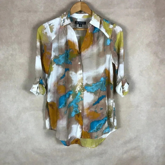 INC Roll-Tab Sleeve Smudge Print Button-Down Shirt NEW PETITE - Picture 1 of 7